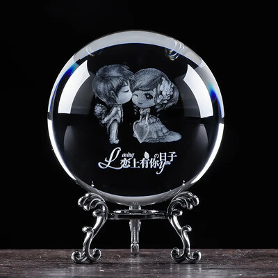 Кристална 3D топка със стойка Лазерно гравирана стъклена сфера Любовник Фигурка Декорация на дома Орнаменти Декор Занаяти