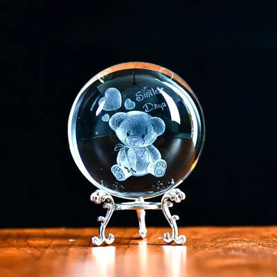 Кристална 3D топка със стойка Лазерно гравирана стъклена сфера Любовник Фигурка Декорация на дома Орнаменти Декор Занаяти