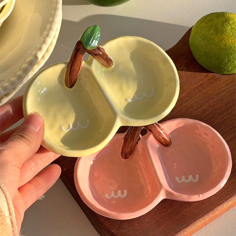 Двойна решетка за подправки с череши Домакинска керамика Чиния за потапяне в сос Креативна ресторантска купа за десерт Релефна посуда