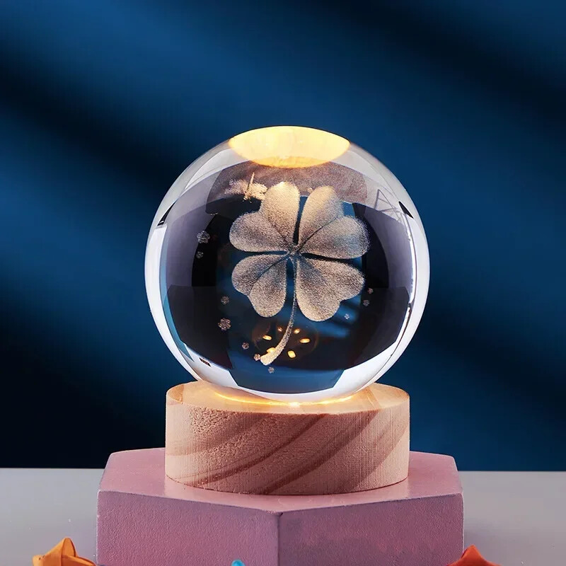 3D кристална топка LED топла нощна лампа Дървена основа Лазерно гравирана Слънчева система Глобус Галактика Подарък за рожден ден Декорация за домашен работен плот