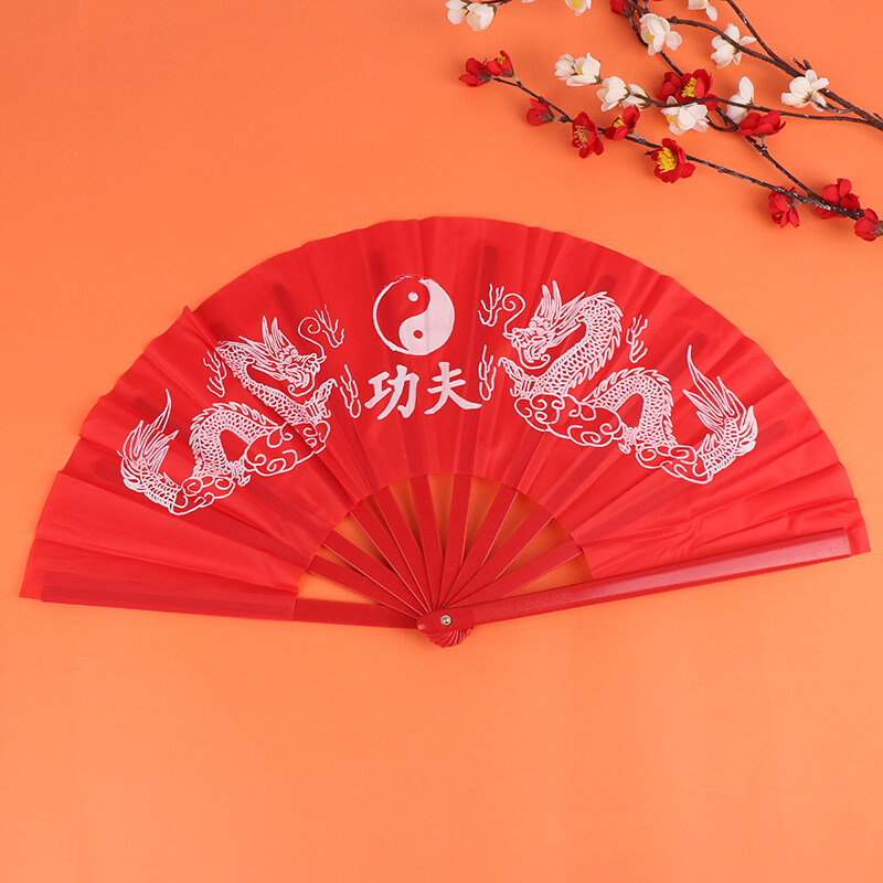 Червен китайски Kung Fu Fan Wushu Dragon Plastic Bone бойни изкуства Performance Hand Fold Stage Fan Sichuan Opera Prop Summer Fans