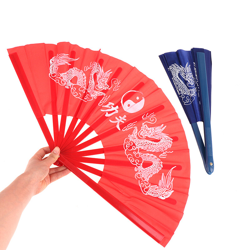 Червен китайски Kung Fu Fan Wushu Dragon Plastic Bone бойни изкуства Performance Hand Fold Stage Fan Sichuan Opera Prop Summer Fans