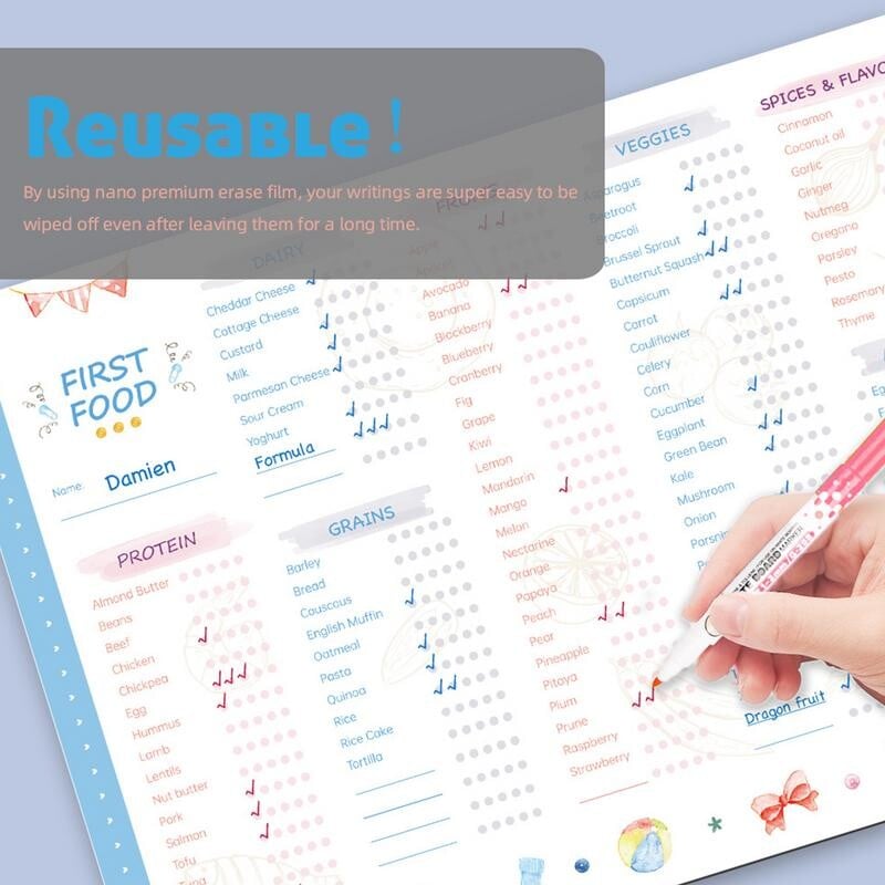 Контролен списък за проследяване на първите храни за многократна употреба Fidget Magnetic Baby First Foods Контролен списък Повторяема таблица за хранене на бебето Контролен списък