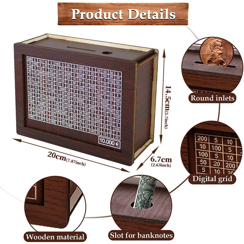 1000/2000/3000/5000/10000 евро Дървена касичка касичка Money Vault Кутия за спестявания Предизвикателство Калъф за съхранение на пари