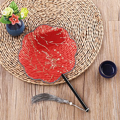 Булчински сватбен вентилатор Китайски шоу дрехи Щастлив вентилатор Женски ханфу червена апликация Горещо злато Танц Кръгъл фен