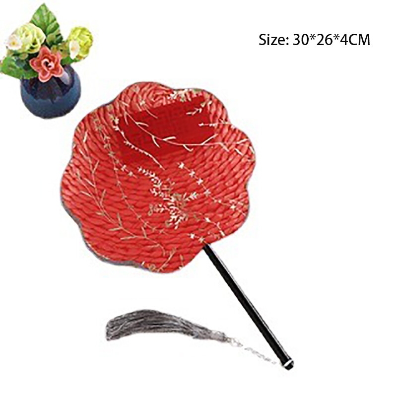 Булчински сватбен вентилатор Китайски шоу дрехи Щастлив вентилатор Женски ханфу червена апликация Горещо злато Танц Кръгъл фен