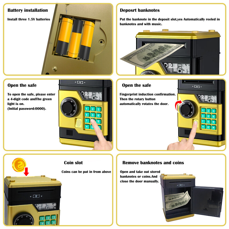 Pușculiță pentru copii Pușculiță electronică cu amprentă digitală Parolă Seif Bani Monede digitale Rezervor de economii în numerar Muzică Jucării pentru copii Cadouri pentru fete