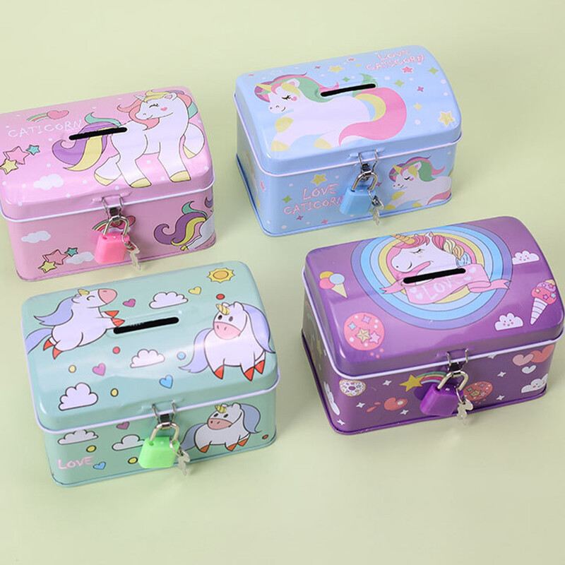 Novčić prasica Lončić Kutija za uštedu Brava Staklenka za pohranu Spremnik za djevojčice Dječji ispis životinja Metalna dugina koja se može zaključati