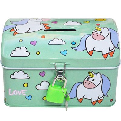 Pank notsu raha ükssarvik mündikarp Lapsed säästupott lukk loomapurk tüdrukud metallist hoiupangad Multikad trükkimine konteineri laua võti