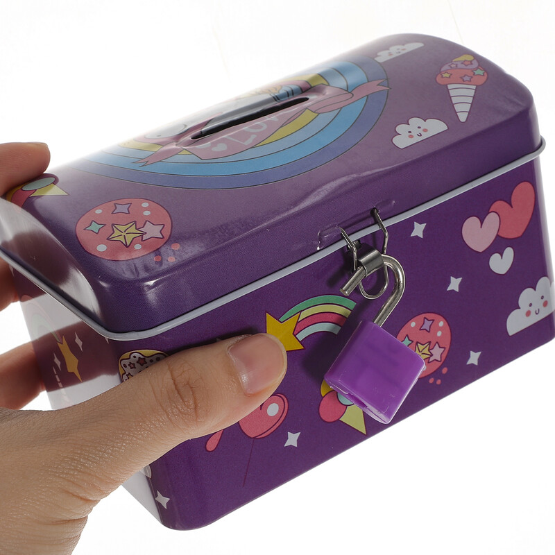 Pank notsu raha ükssarvik mündikarp Lapsed säästupott lukk loomapurk tüdrukud metallist hoiupangad Multikad trükkimine konteineri laua võti