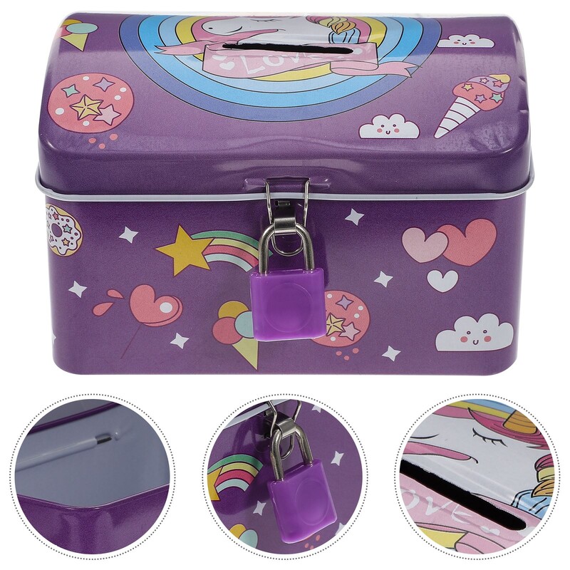 Pank notsu raha ükssarvik mündikarp Lapsed säästupott lukk loomapurk tüdrukud metallist hoiupangad Multikad trükkimine konteineri laua võti