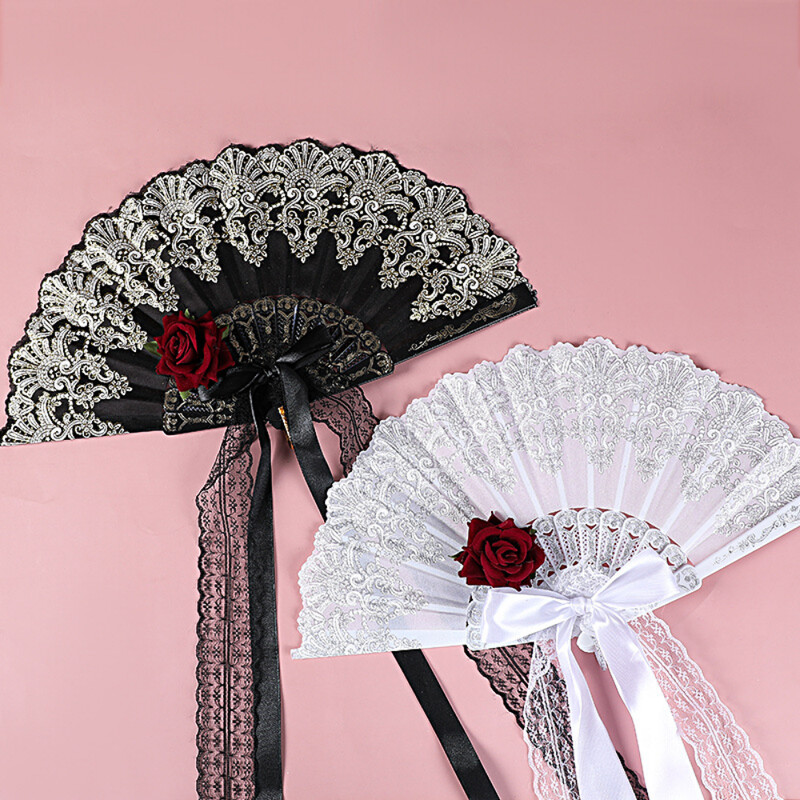Lolita gotička lepeza Viktorijanska ženska ručna lepeza od čipke Vintage crno-bijela crvena ruža Bambusove lepeze Cosplay oprema za zabavu za Noć vještica