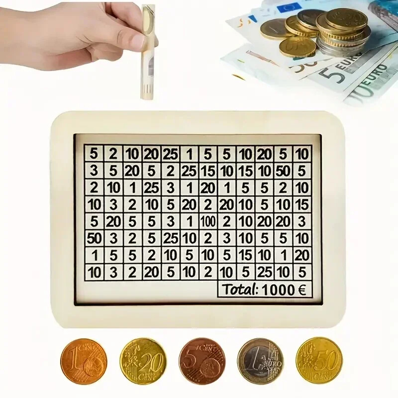 Drvena kasica prasica bijele boje s pultom, kutijom za uštedu novca, kasicom s golovima štednje i brojevima za štednju eura