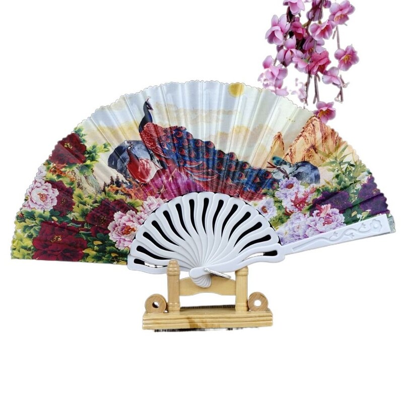 Kinų stiliaus 7 colių sulankstomas ventiliatorius senovinio stiliaus plastikinis ventiliatorius šilko povo raštas Cheongsam šou rankų darbo povas rankinis ventiliatorius