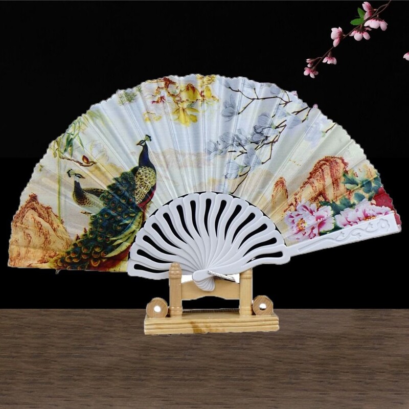 Kinų stiliaus 7 colių sulankstomas ventiliatorius senovinio stiliaus plastikinis ventiliatorius šilko povo raštas Cheongsam šou rankų darbo povas rankinis ventiliatorius
