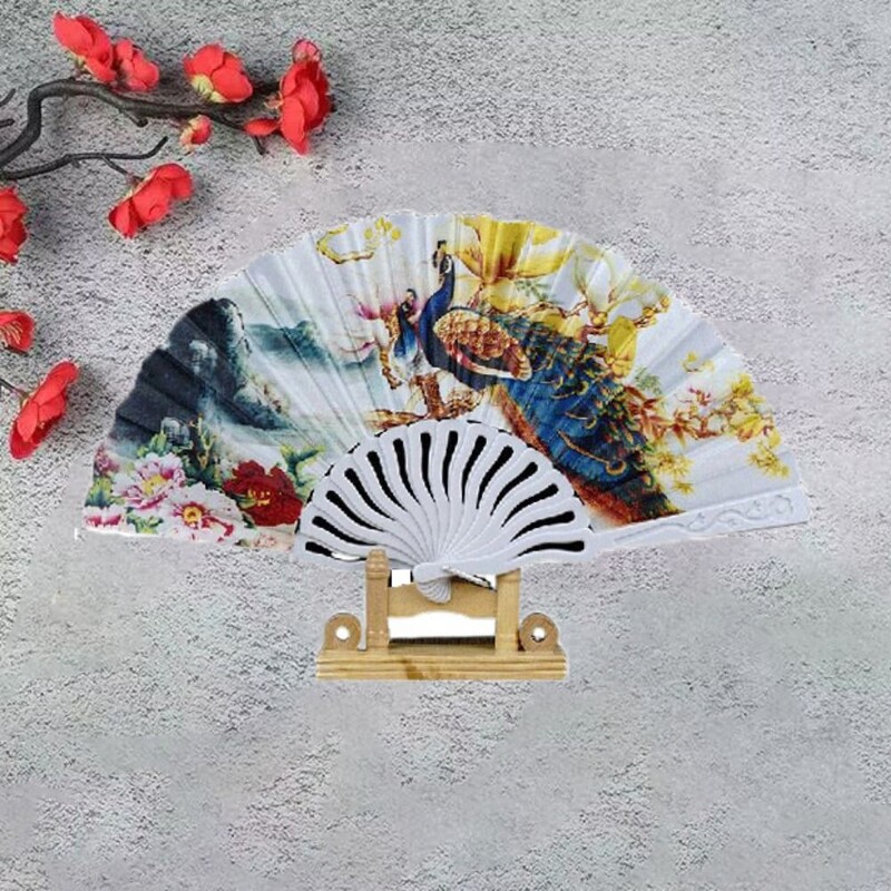 Kinų stiliaus 7 colių sulankstomas ventiliatorius senovinio stiliaus plastikinis ventiliatorius šilko povo raštas Cheongsam šou rankų darbo povas rankinis ventiliatorius