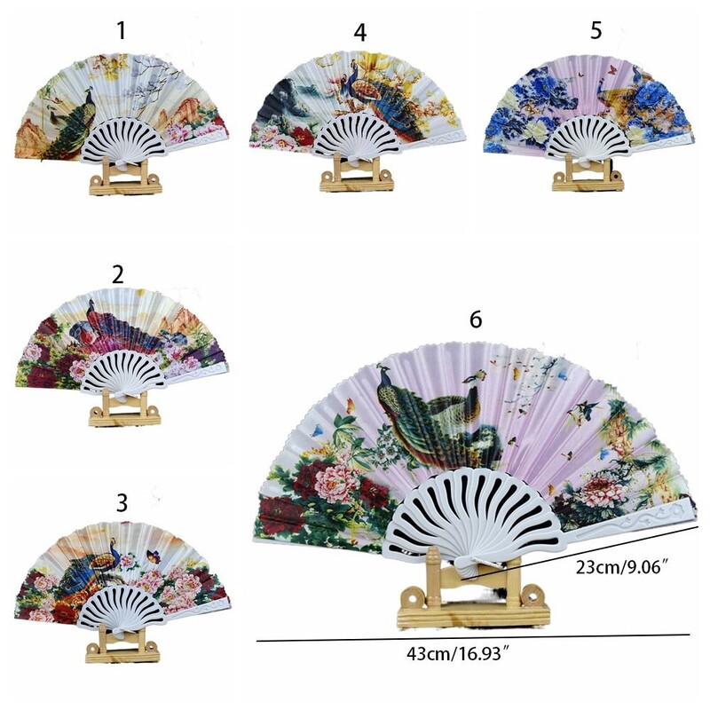 Kinų stiliaus 7 colių sulankstomas ventiliatorius senovinio stiliaus plastikinis ventiliatorius šilko povo raštas Cheongsam šou rankų darbo povas rankinis ventiliatorius