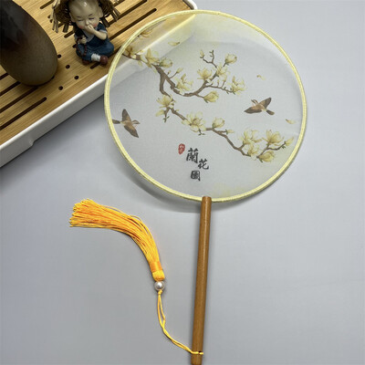 Kinija apvali ventiliatorius, pusiau permatomas ilga rankena kutais šokių vėduoklė, moteriškas kostiumas Hanfu foto rekvizitas Vintage Lotus Silk Siuvinėjimo vėduoklė