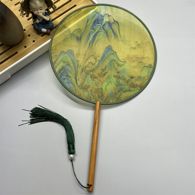 Kinija apvali ventiliatorius, pusiau permatomas ilga rankena kutais šokių vėduoklė, moteriškas kostiumas Hanfu foto rekvizitas Vintage Lotus Silk Siuvinėjimo vėduoklė