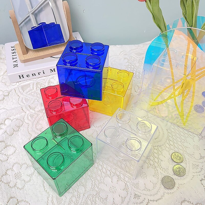 Кутия за пари Строителен блок Кутия за спестяване Прозрачни пластмасови блокове Касичка Калъф за съхранение на монети Детска играчка Кутии за подарък за смяна на монети Домашен декор