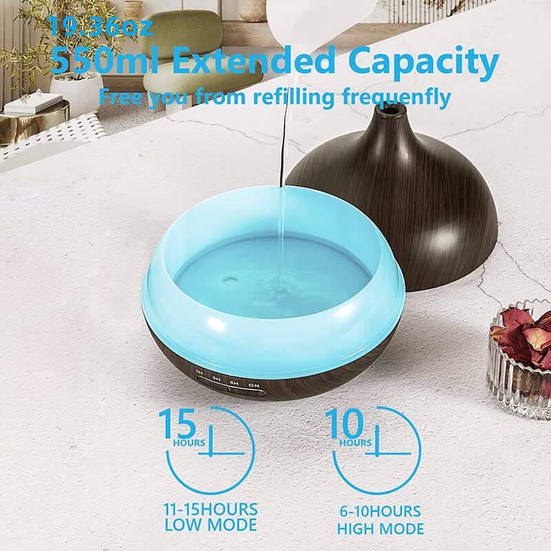 550 ml USB aroma difuzor u boji drveta, difuzor eteričnih ulja s LED svjetlima u 7 boja i daljinskim upravljačem, ovlaživač zraka s USB napajanjem