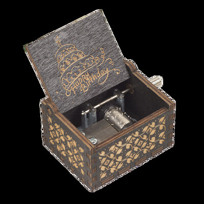 Palju õnne sünnipäevaks muusikakarp, Retro mini puidust käsivändaga muusikakarp, lasergraveeritud koogimuster, sünnipäevakingitused sõpradele