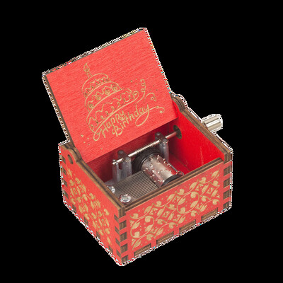 Palju õnne sünnipäevaks muusikakarp, Retro mini puidust käsivändaga muusikakarp, lasergraveeritud koogimuster, sünnipäevakingitused sõpradele