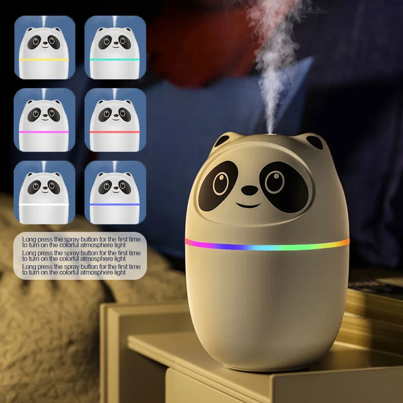 Овлажнител за въздух Cute Panda Ароматно масло Дифузор с нощна светлина USB Зареждаема хладна мъгла Пръскачка Пречиствател за растения Humificador