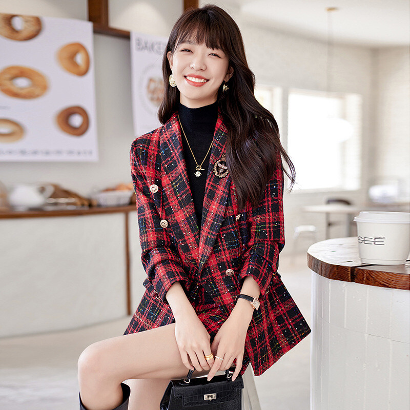 Karirano odijelo, ženski sako, proljeće, petite, 2023, nova ležerna suknja u stilu kraljevske sestre, dvodijelno odijelo