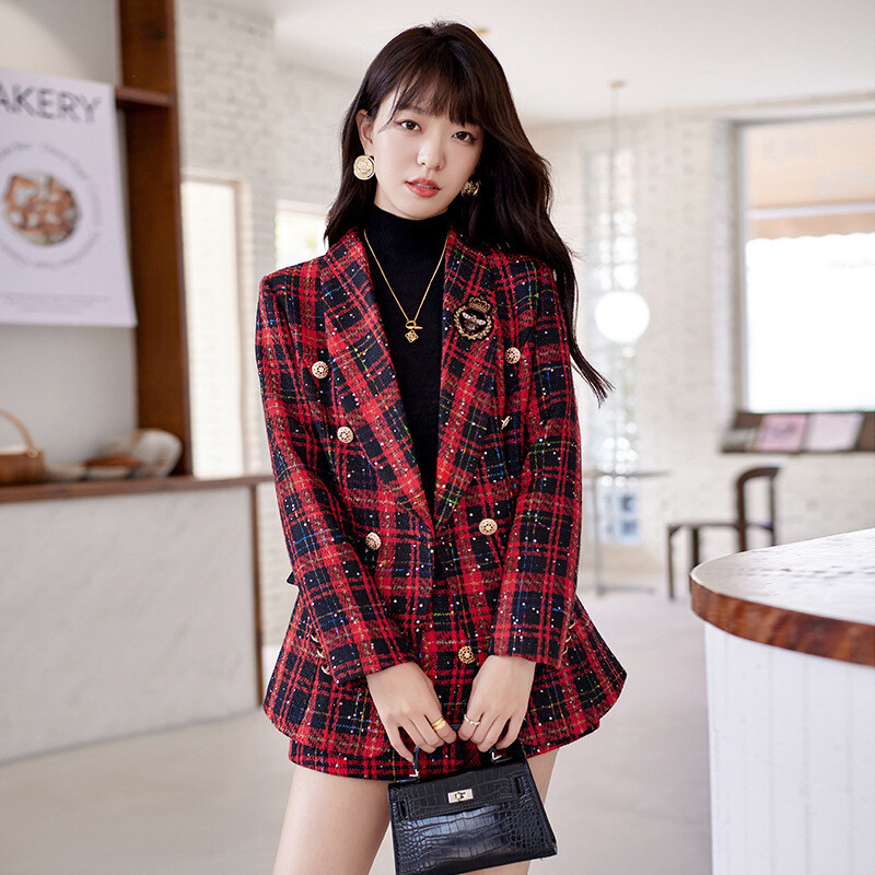 Karirano odijelo, ženski sako, proljeće, petite, 2023, nova ležerna suknja u stilu kraljevske sestre, dvodijelno odijelo