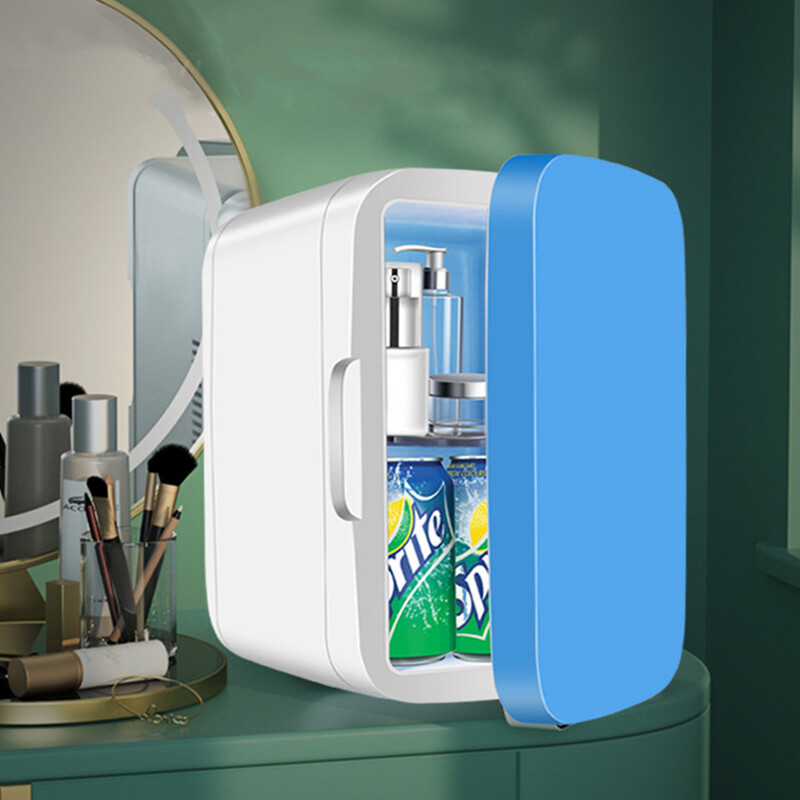 Nešiojamas 8 l baltos rožinės spalvos mini šaldytuvo grožio ir odos priežiūros šaldytuvo apšviestos veidrodinės durelės, skirtos odos priežiūros gėrimų aušintuvui ir šildytuvui