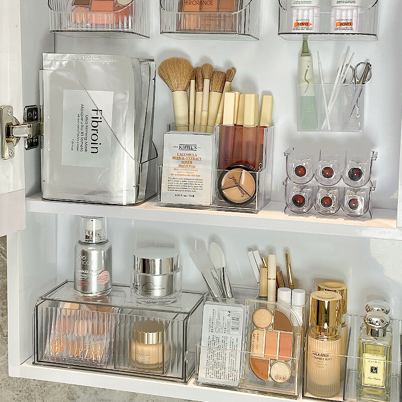 Прозрачна акрилна кутия за грим с решетка 3-5, кофа с четка за грим, органайзер за грим, поставка за писалка за студентско бюро, кутия за съхранение на бижута