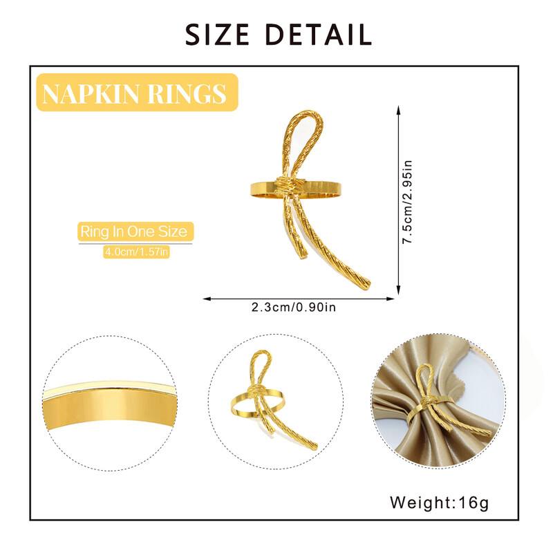 8Pcs Wedding Heart Prsten za salvete Metalna mašna Kopča za salvete Zlatni držač za salvete za Valentinovo Božićna dekoracija stola HWM181