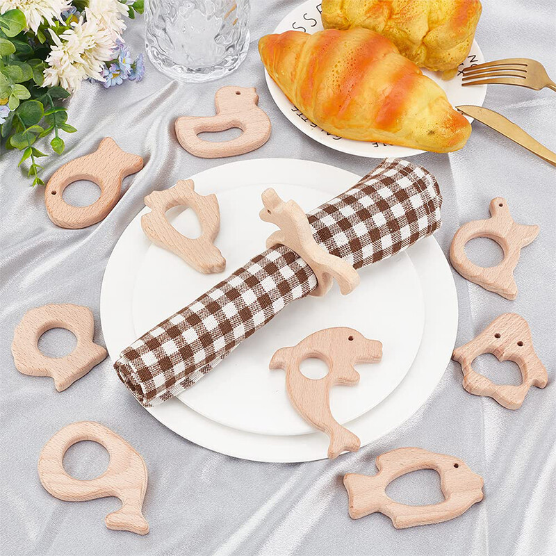 Drveni prstenovi za salvete Kreativni crteži životinja od bukovog drveta Ručno izrađen držač za salvete Božićni ukrasi za svadbeni stol Bebina žvakaća guma