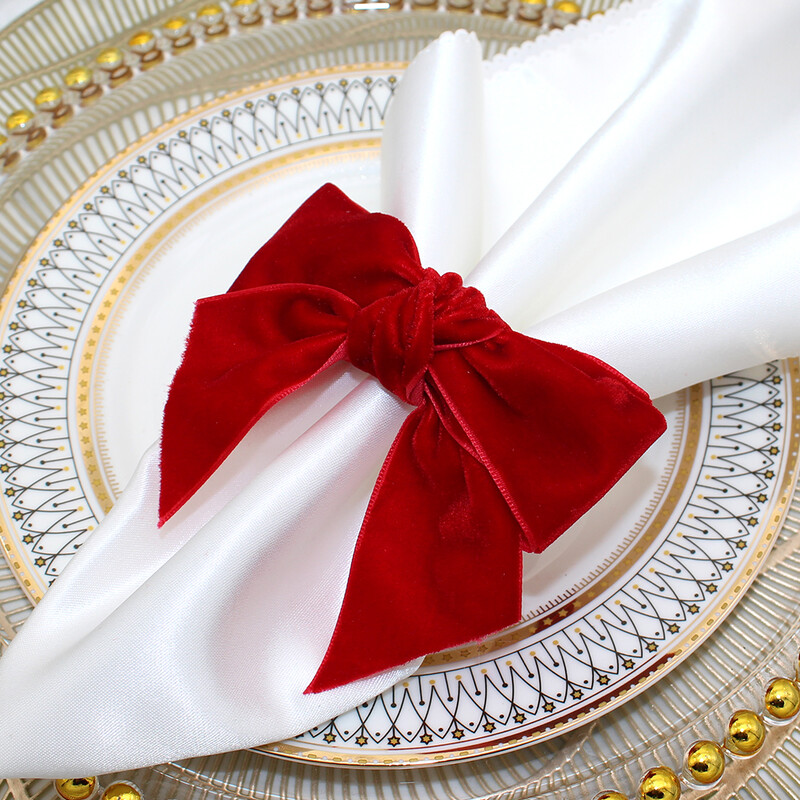 6Gb Red Bow salvešu gredzeni Ziemassvētku salvešu turētāji ar rokām darināti samta salvetes sprādzes Ziemassvētku kāzu ballītes vakariņu galda dekorēšanai