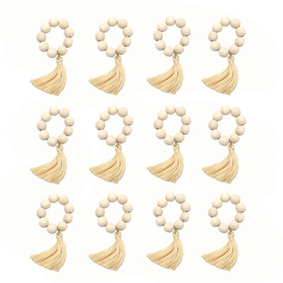 12Pcs Drveni prstenovi za salvete od seoskih perli s resicama za Ramadan, Uskrs, Noć vještica, Božićno vjenčanje Dekoracija kućnog stola HWC187