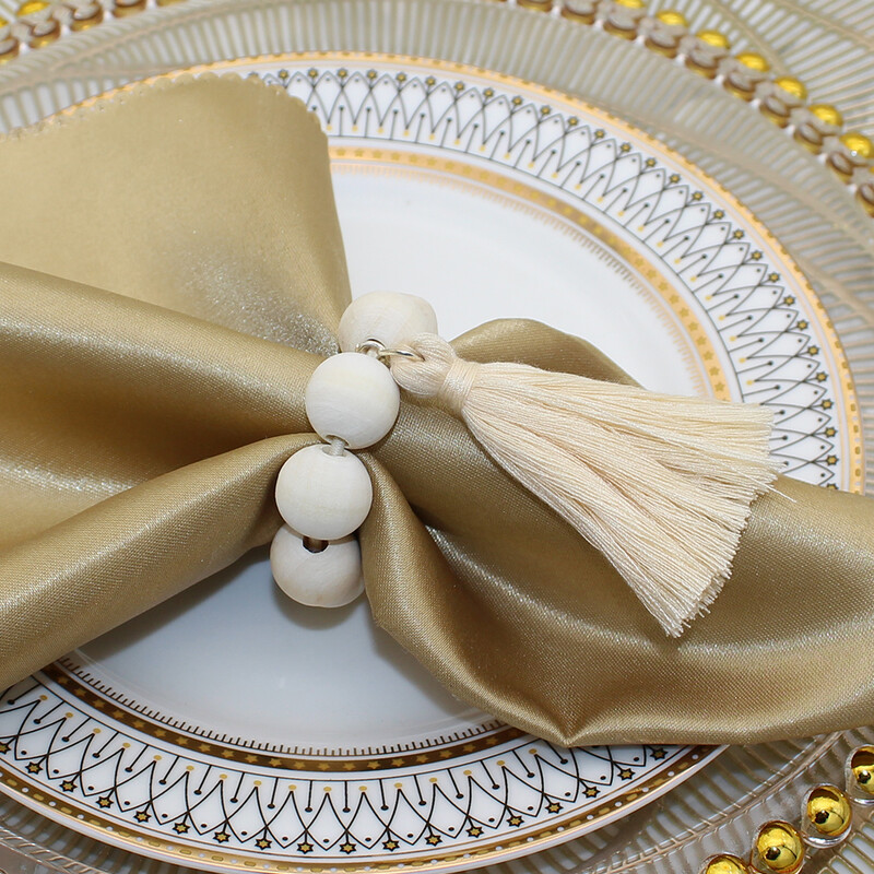 12Pcs Drveni prstenovi za salvete od seoskih perli s resicama za Ramadan, Uskrs, Noć vještica, Božićno vjenčanje Dekoracija kućnog stola HWC187