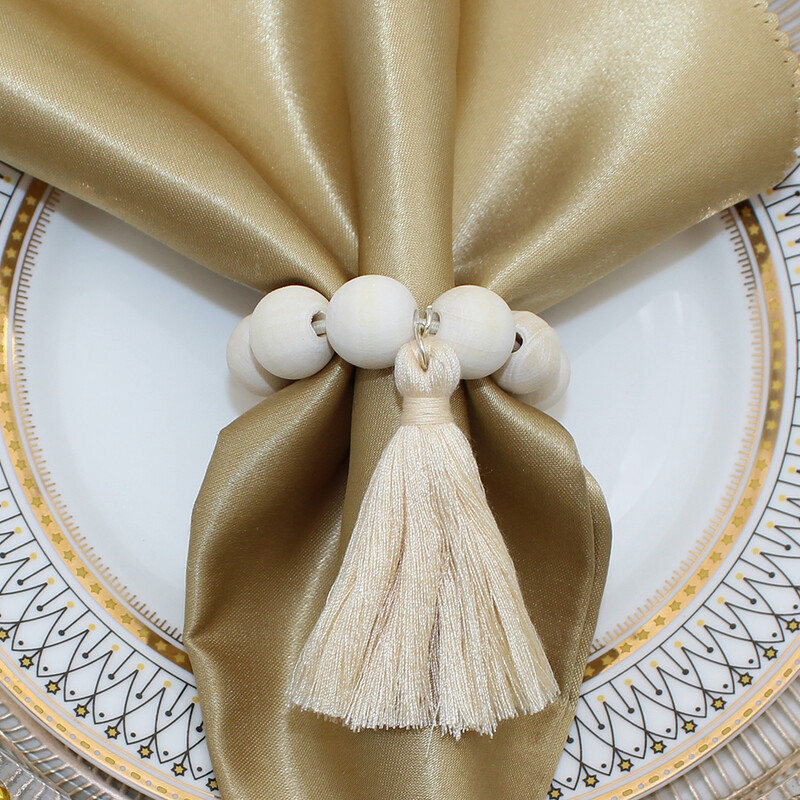 12Pcs Drveni prstenovi za salvete od seoskih perli s resicama za Ramadan, Uskrs, Noć vještica, Božićno vjenčanje Dekoracija kućnog stola HWC187