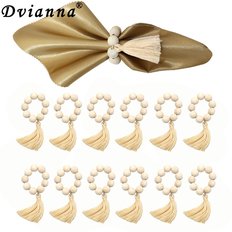 12Pcs Drveni prstenovi za salvete od seoskih perli s resicama za Ramadan, Uskrs, Noć vještica, Božićno vjenčanje Dekoracija kućnog stola HWC187