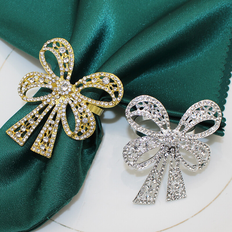 2Pcs Bowknot Prstenovi za salvete Rhinestone Dijamantni Držači za prstenove za salvete za božićno vjenčanje, Dan zahvalnosti Dekoracija večernjeg stola HWD03