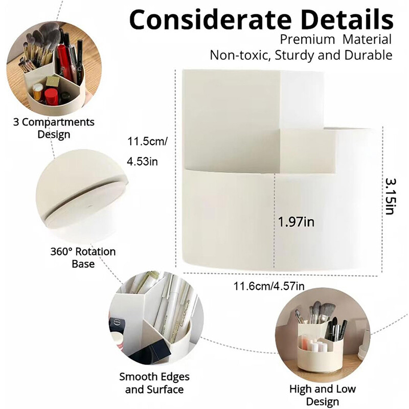 360 besisukantis pieštuko laikiklis su 3 angomis makiažo/kosmetikos šepetėliams laikymo organizatoriaus puodelis, skirtas stalo stalui praustuvams