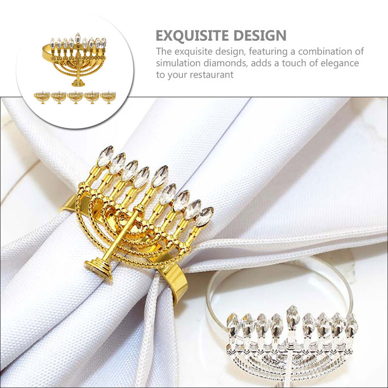 6 kom Prsten za salvete Menorah Dekor u obliku držača Stol Dekoracija Kopča Zlatni blagovaonski držači Prstenje Legura Hanukkah Black