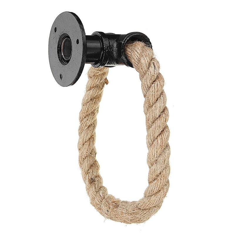 Винтидж закачка за кърпи Пръстен Индустриален стил Стенен държач за кърпи Желязна тръба Конопено въже Баня Тоалетна Декорация за домашни хотели