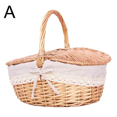 Ručno izrađena pletena košara s ručkom Košara za hranu za piknik s poklopcem Ručno tkana višenamjenska pletena ladica Dekorativna kutija za pohranu stola