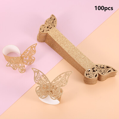 50 kom 3D leptir prsten za salvete Vrhunski mat papir izuzetne šuplje teksture zlatno srebrno plavo ružičasto svjetlucavo posuto dekoracija doma