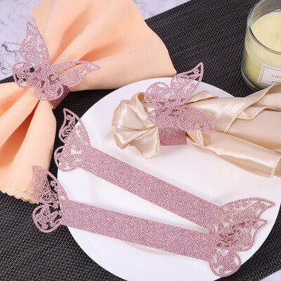 50 kom 3D leptir prsten za salvete Vrhunski mat papir izuzetne šuplje teksture zlatno srebrno plavo ružičasto svjetlucavo posuto dekoracija doma