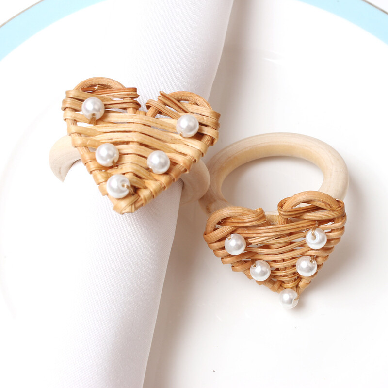 Rotangpalmas pītas salvešu gredzena turētājs Sirds salmu apaļš koka pasniegšanas gredzens Vintage apaļš kāzu Chrismats ballītes vakariņu galda dekors