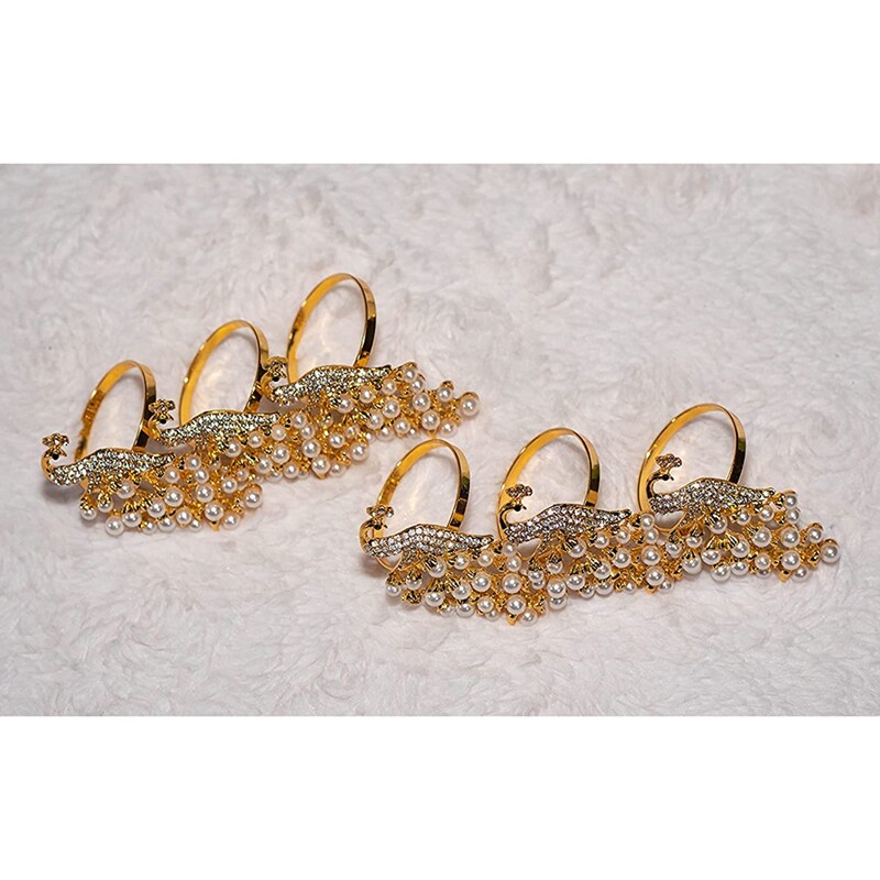 Pērļu pāva salvešu gredzenu komplekts no 6 formālām vai ikdienišķām pusdienām, ģimenes salidojumam, kāzām, svētku ballītēm