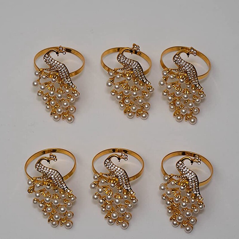 Pērļu pāva salvešu gredzenu komplekts no 6 formālām vai ikdienišķām pusdienām, ģimenes salidojumam, kāzām, svētku ballītēm