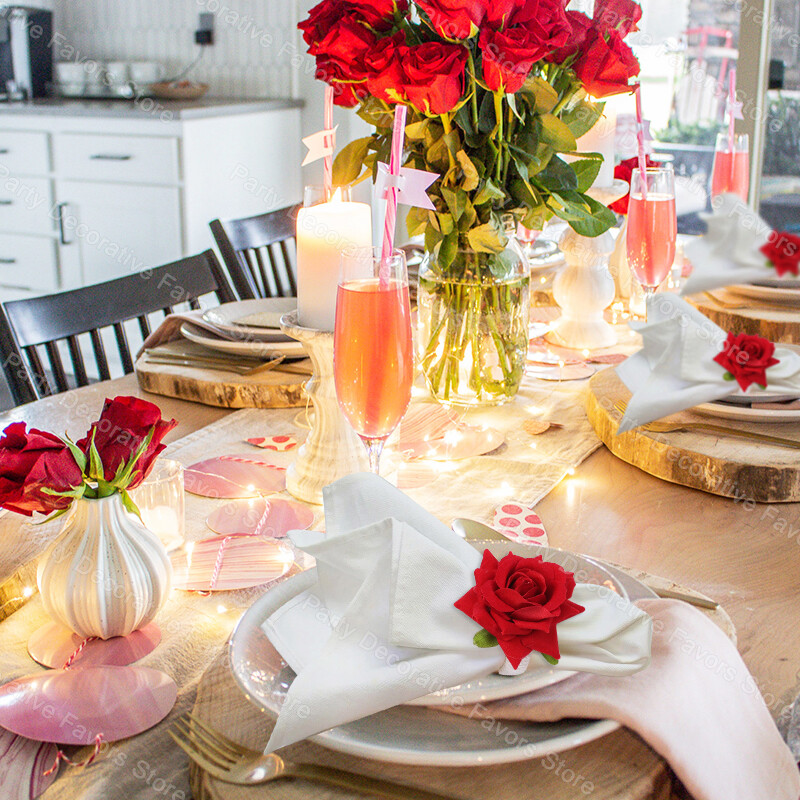 2/4/6tk Lilledega salvrätikurõngad Punase roosiga käterätikulukk pulmapeoks sõbrapäeva kodulauakaunistus sünnipäevaks salvrätikuhoidja